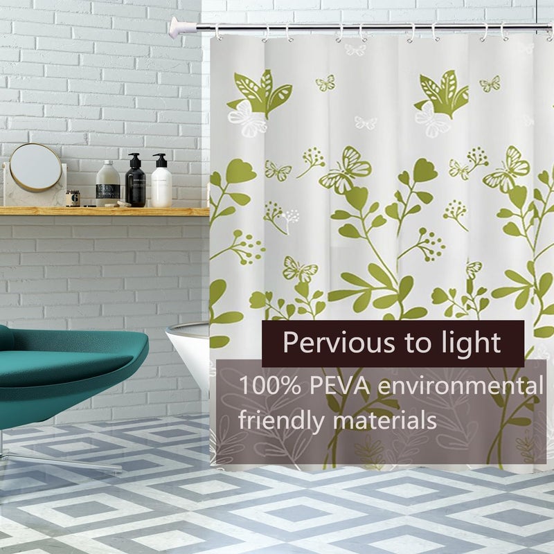 TIKABC Shower Curtain Liner, 4G PEVA Green Butterfly Shower Liner, Plastic Waterproof Shower Curtains, 72x72 inch with Grommet Holes 3 Magnetic Weights - Image 2